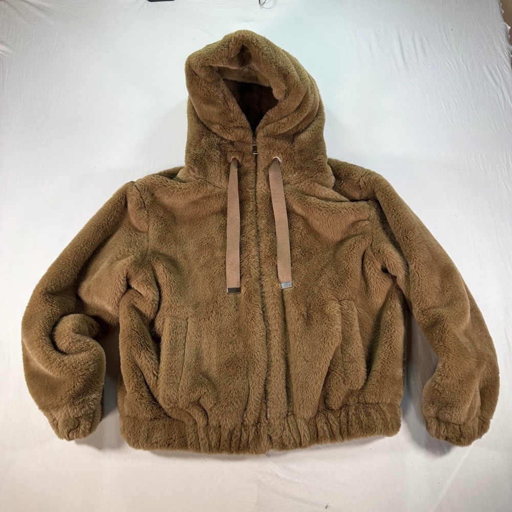 Zara Faux Fur Hooded Jacket Women's XS Brown Full Zip Front Plush‎ Teddy Coat